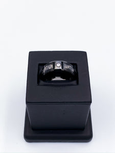 Beveled Woven Carbon Fiber & Black Ceramic Ring with CZ